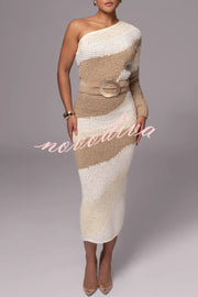 Soft Autumn Knit Colorblock High Rise Elastic Waistband Stretch Midi Skirt