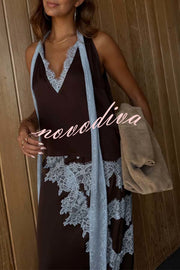 Sunday Social Contrast Color Satin Lace Trim Neck Strap Loose Tank