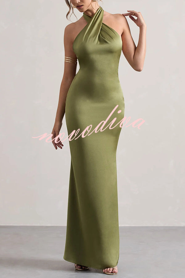 Solid Color Halter Neck Tie Sexy Backless Slim Maxi Dress