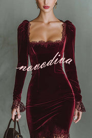 Fashionable Velvet and Lace Patchwork Square Neck Long-sleeved Maxi Dress
