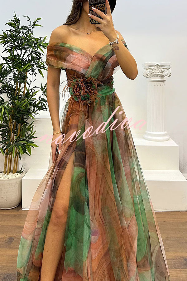 Jinnie Tulle Floral Feather Pendant Pleated Off Shoulder Slit Maxi Dress