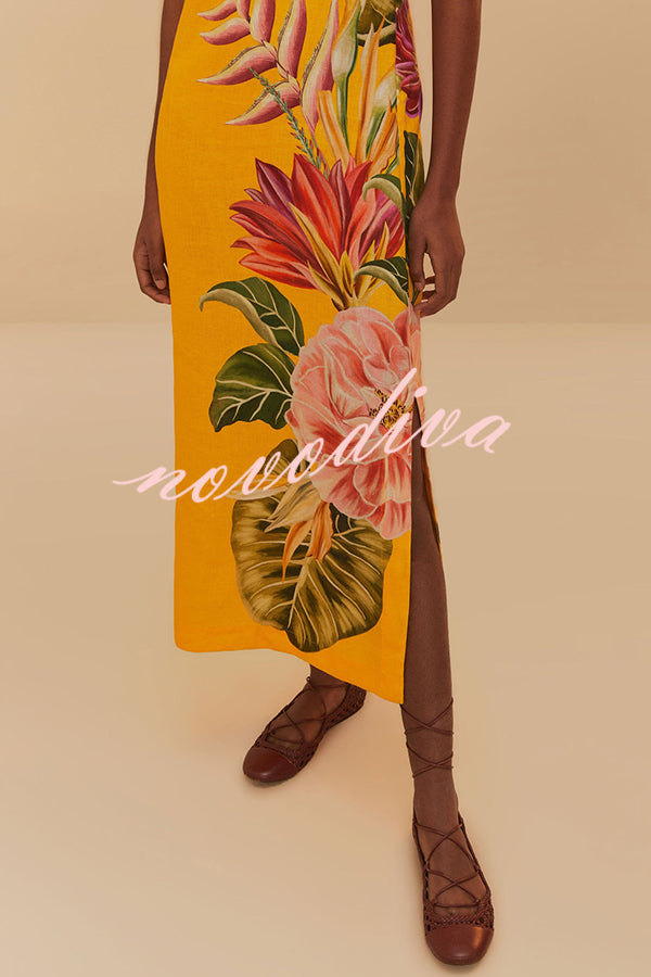 Plant Print V-neck Open Back Holiday Style Slit Midi Dress