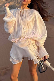 Ninah Glitter Fabric Pleated Balloon Sleeve Tiered Ruffle Hem Mini Dress