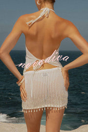 Fashion Knit Hollow Back Top and Embellished Fitted Stretch Beach Mini Skirt Set