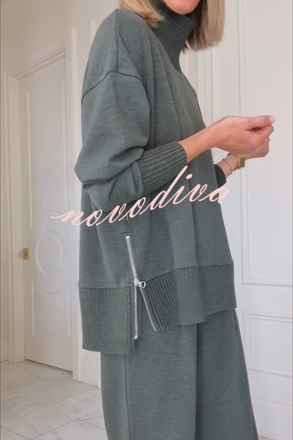 Barker High-Neck Long Sleeve Side Zipper Sweatshirt and Elastic Waist Pocketed Loose Pants Set