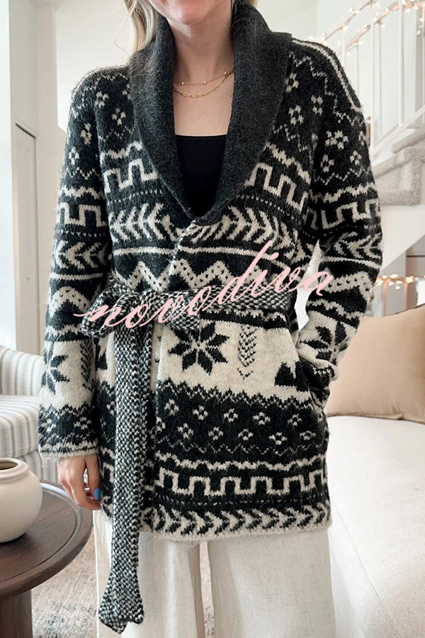 Winter Snowflake Waist Tie Lapel Midi Pocket Knit Cardigan