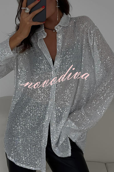 Fashion Sequin Lapel Long Sleeve Loose Shirt