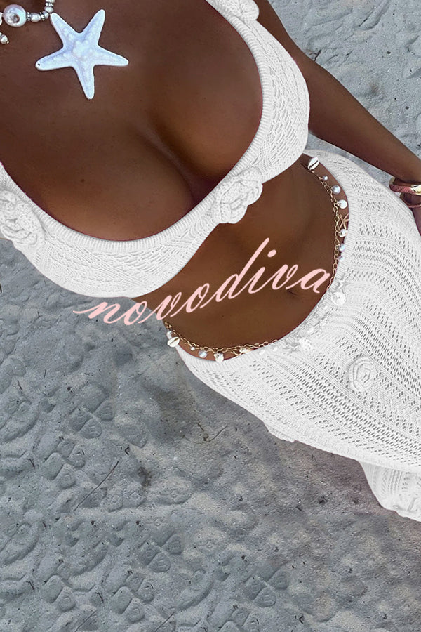 Sexy Crochet Floral Halter Top and Stretch Knit Beach Cover Up Skirt Set
