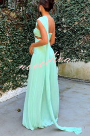 Forest Muse Chiffon Pleated Off Shoulder Cutout Waist Cape Maxi Dress