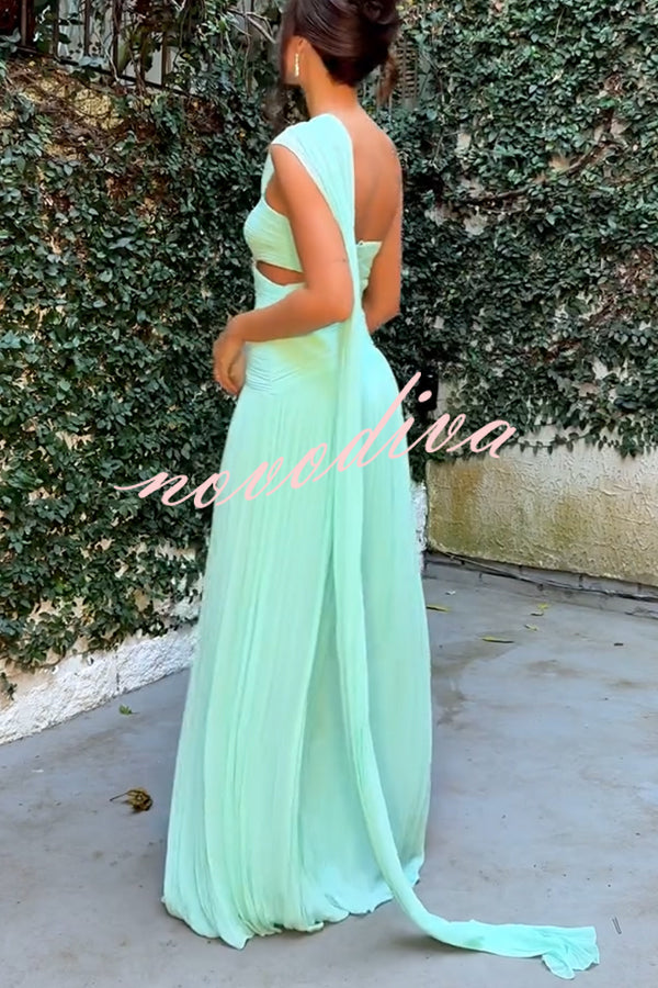 Forest Muse Chiffon Pleated Off Shoulder Cutout Waist Cape Maxi Dress