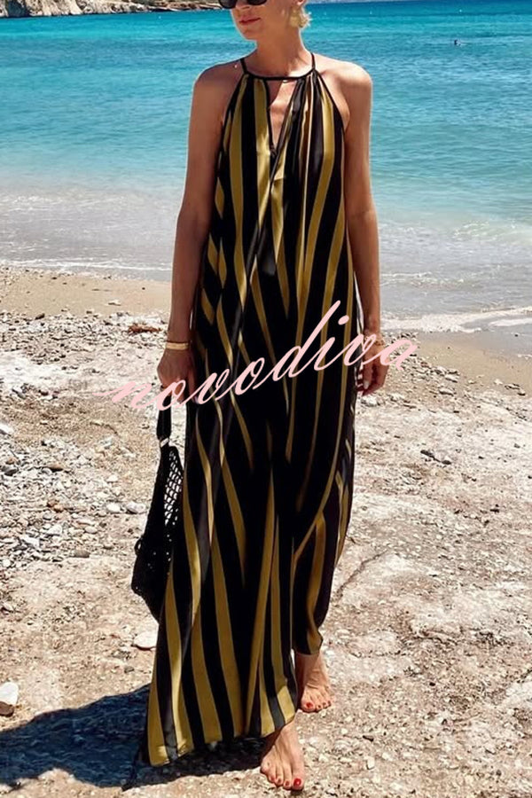 Striped Print V-Neck Loose Beach Vacation Maxi Dress