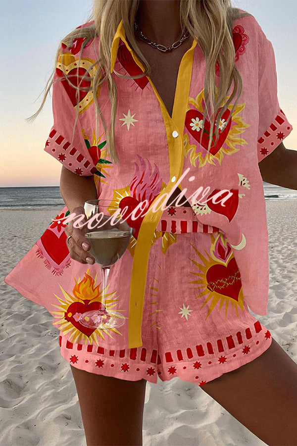 Beach Heart Print Loose Button Elastic Waist Shorts Set