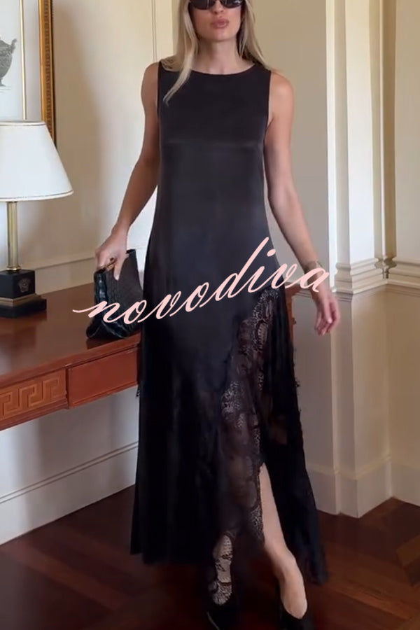 Pretty Soul Satin Lace Trim Wide Neck Irregular Hem Slit Maxi Dress