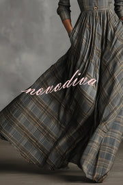 Plaid Print Long Sleeve Slim Fit Casual Pocket Maxi Dress