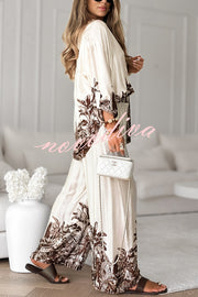 Botanical Print Loose Long-sleeved Shirt and Elastic Waist Pocket Casual Wide-leg Pants