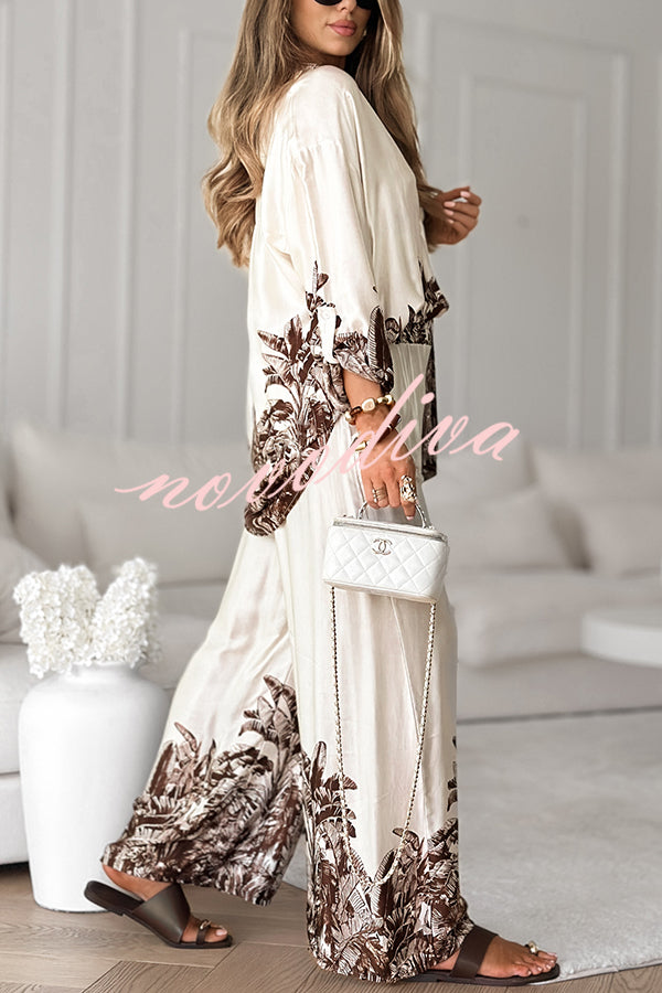 Botanical Print Loose Long-sleeved Shirt and Elastic Waist Pocket Casual Wide-leg Pants