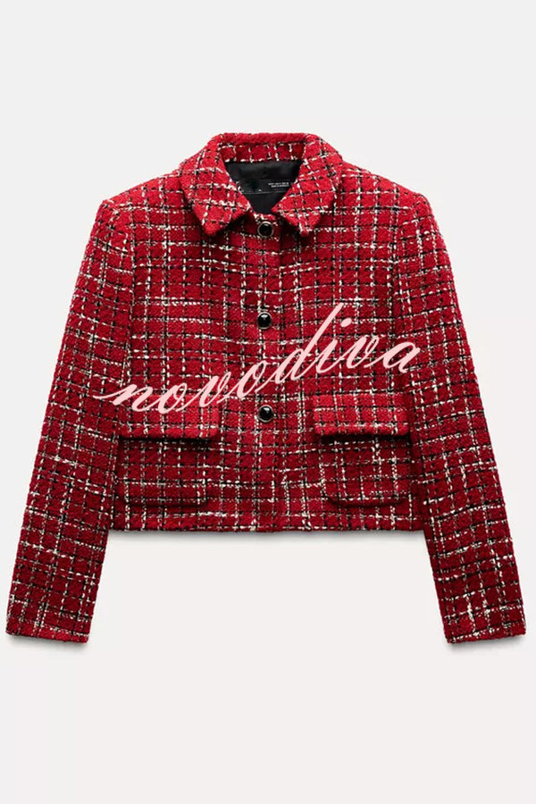 Tweed Plaid Textured Long-sleeved Casual Pocket Jacket