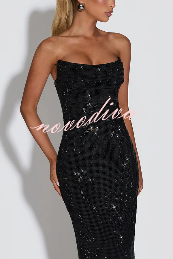 Mirabella Sequin Pleated Cowl Scooped Neckline Back Lace-up Strapless Maxi Dress