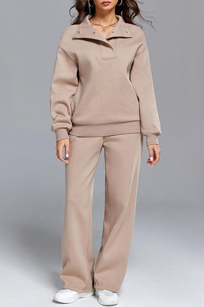 Solid Color Long-sleeved Lapel Sports Sweatshirt and Elastic Waist Casual Pocket Pants Set