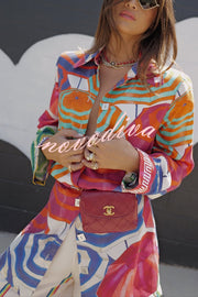 Elouise Satin Color Block Art Print Long Sleeve Button Back Elastic Waist H-line Mini Dress