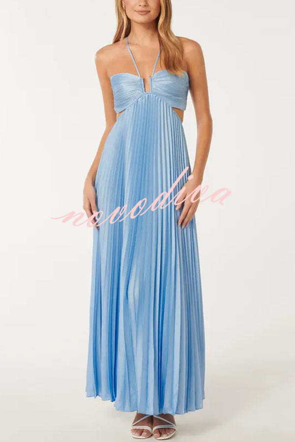 Caught Your Eyes Satin Pleated Cross Straps Cutout Flowing Maxi Dress