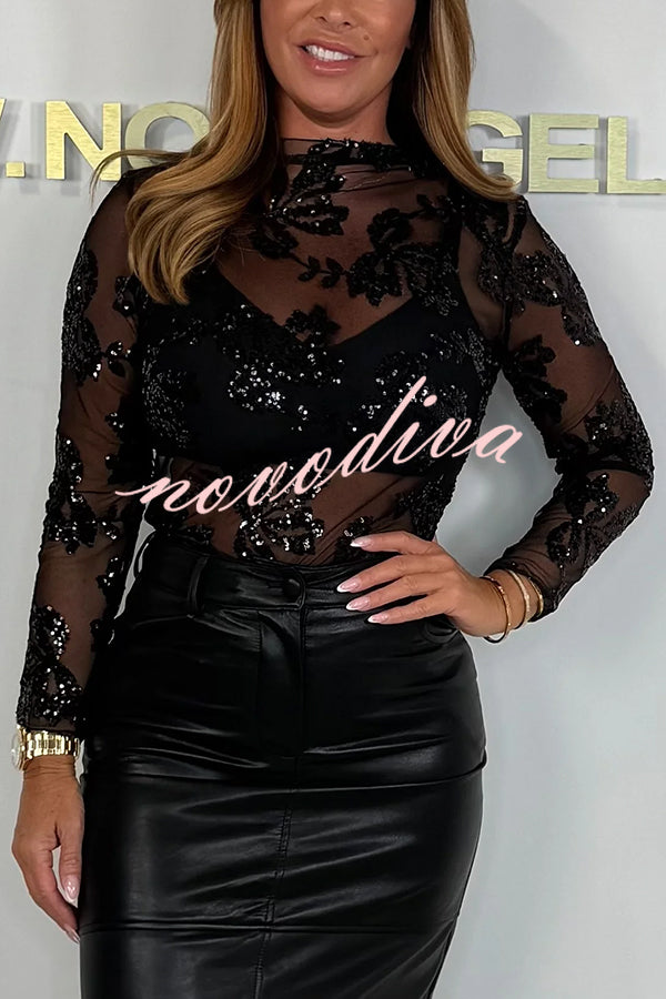 Chelsea Sheer Flower Sequin Detail Mock Neck Long Sleeve Stretch Top