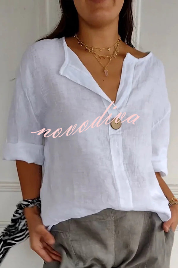 Solid Color Casual Button V-neck Loose Top