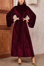 Solid Color Velvet Bell Sleeves Tie Waist Elegant Maxi Dress