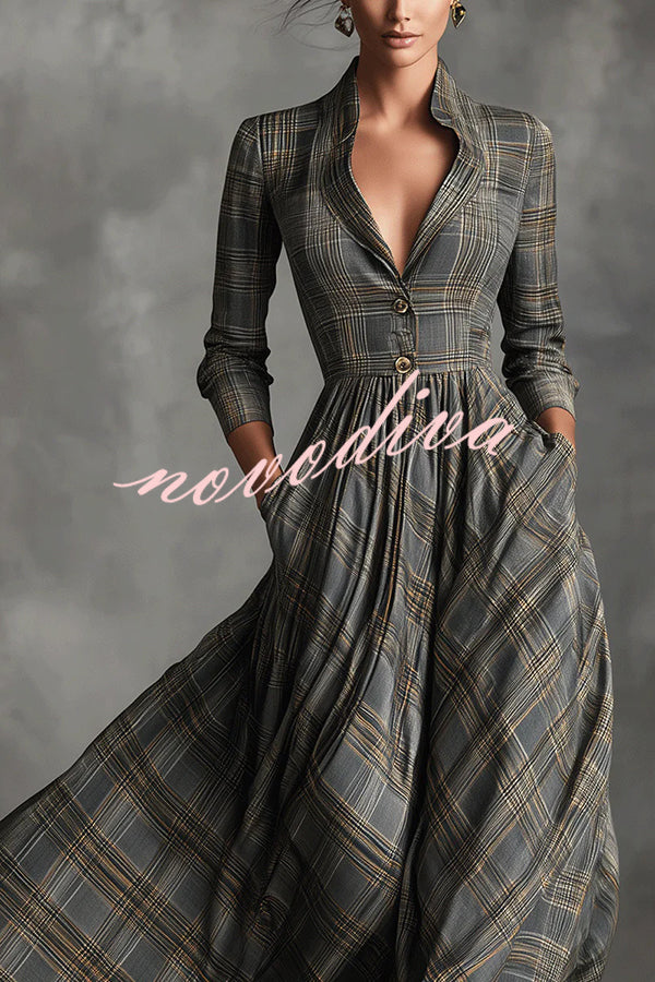 Plaid Print Long Sleeve Slim Fit Casual Pocket Maxi Dress