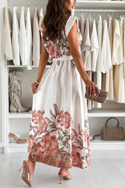 Floral Print V-neck Sleeveless Waisted Midi Dress