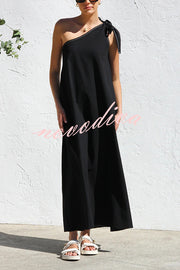 Solid Color One-shoulder Strappy Elegant Sloping Collar Loose Maxi Dress