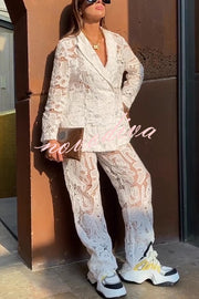 Fashionable Lace Long-sleeved Lapel Loose Top and Casual Hollow Pants Set