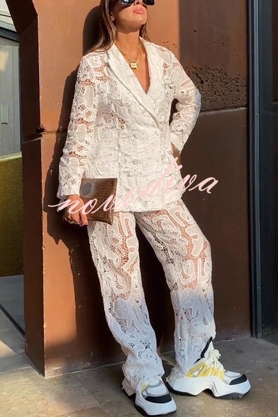 Fashionable Lace Long-sleeved Lapel Loose Top and Casual Hollow Pants Set