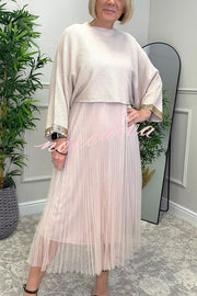 Fenna Ribbed Sequin Trim Batwing Sleeve Sweater and Pleated Tulle Stretch Tank Midi Dress Two-piece Set