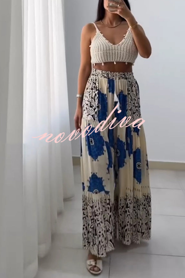 Unique Print Elastic High Waist Tie Pocket Holiday Style Wide Leg Pants