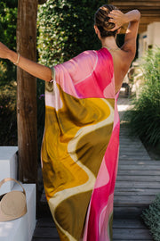 Summertime Favorites Satin Tie Dye Print One Shoulder Drape Vacation Maxi Dress