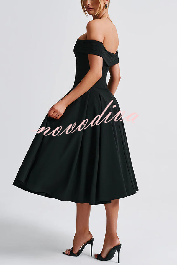 Princess Temperament Batdot Neck Pleat Detail Midi Dress