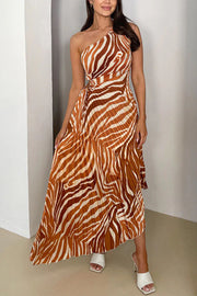 Elora Pleated Zebra Print One Shoulder Drawstring Cutout Maxi Dress