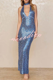 Mermaid Vibe Sequin Deep V-neck Backless Lace-up Maxi Dress
