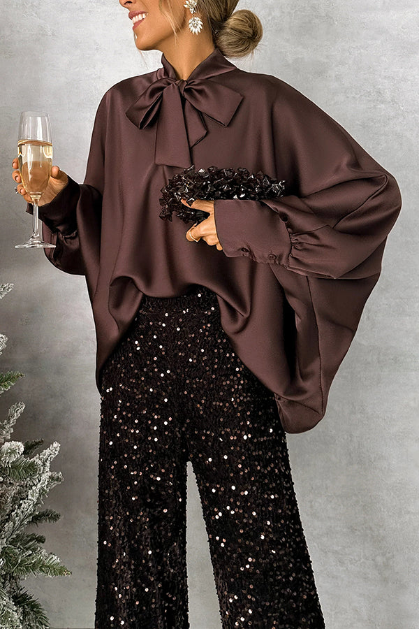 Chic and Merry Satin Bow Neck Batwing Sleeve Loose-fitting Blouse