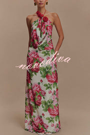 Elegance and Romance Chiffon Printed Rose Applique Cowl Neck Maxi Dress