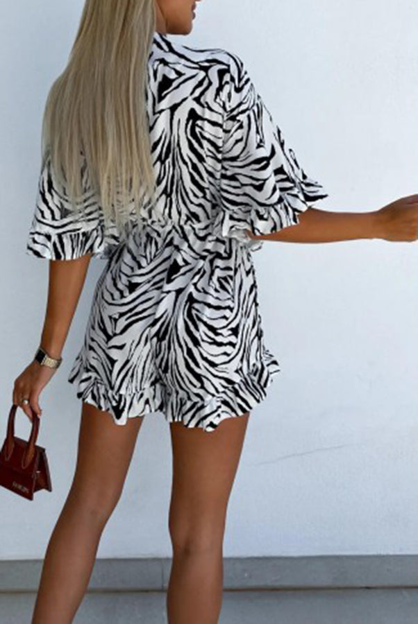 Zebra Print Ruffled Sleeves Dropped Sleeves V Neck Tie High Waist Romper