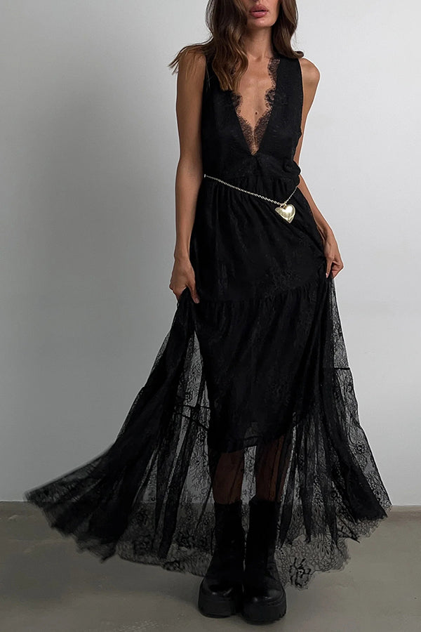 Fashionable Sheer Lace V-neck Backless Elegant Maxi Dress