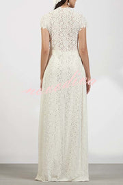 Elegant Personality Floral Lace Short Sleeve Front Slit Maxi Top