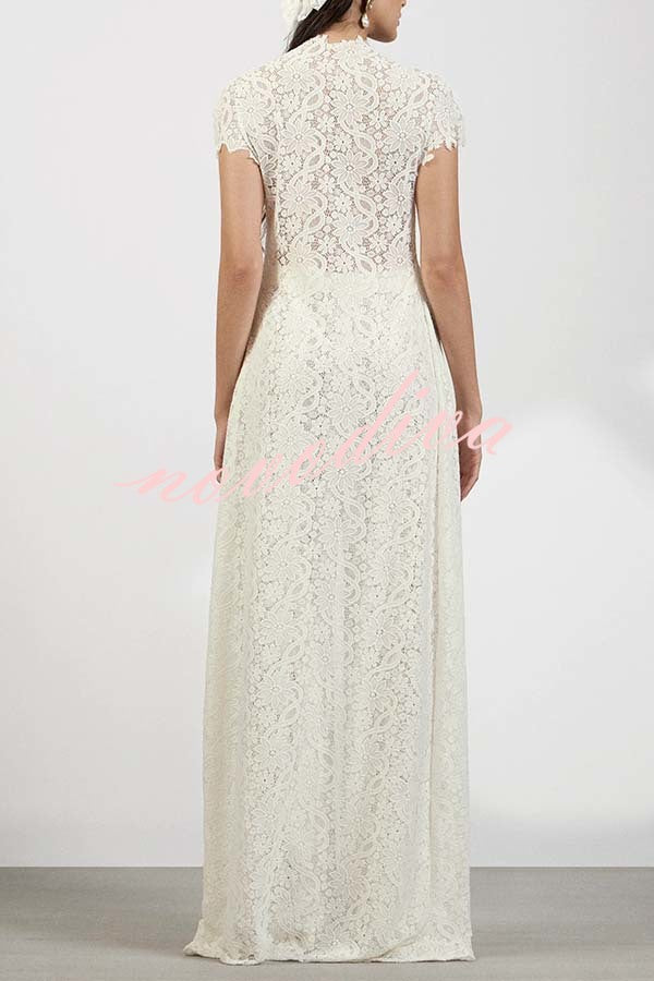 Elegant Personality Floral Lace Short Sleeve Front Slit Maxi Top