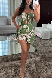 Floral Print Sexy Bandeau Drawstring Top and Elastic Waist Pocket Shorts Set