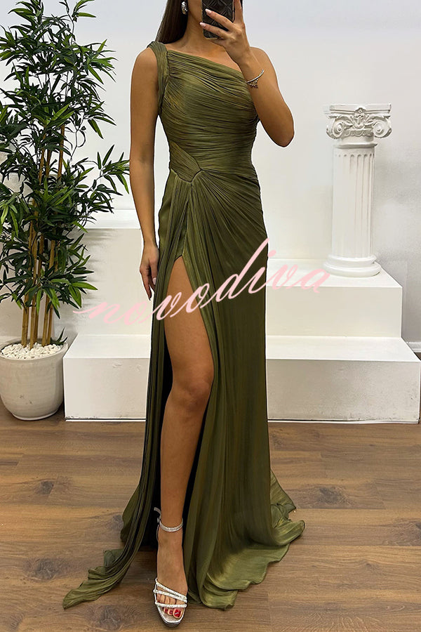 Fashion One-shoulder Pleated Ribbon Slim Slit Maxi Dress