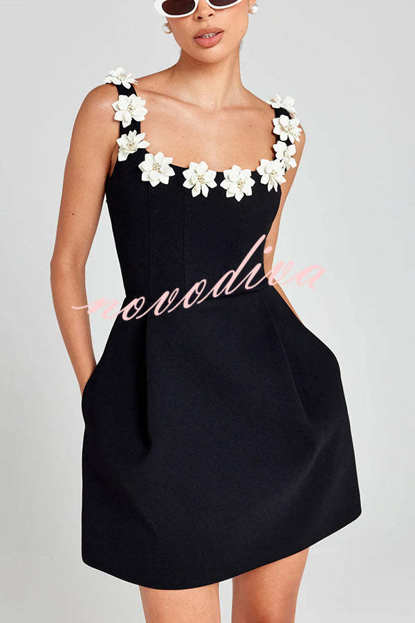 Cindy Faux Pearl Flower Applique Square Neck Pocketed Mini Dress