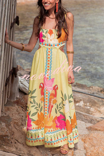 Resort Style Unique Print Sexy Square Neck Backless Waist Maxi Dress