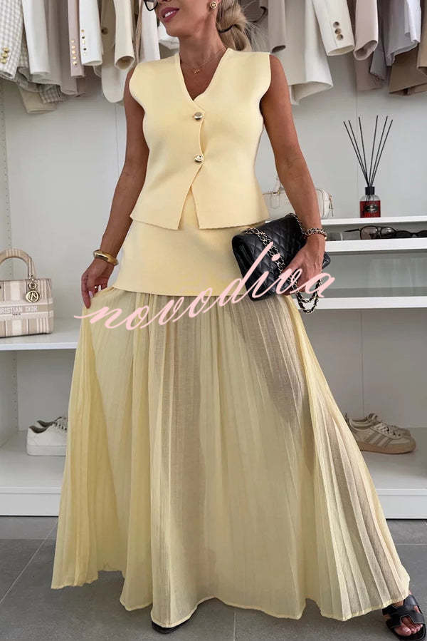 Stylish and Elegant Knit Spliced Tulle Elastic Waist Pleated Maxi Skirt